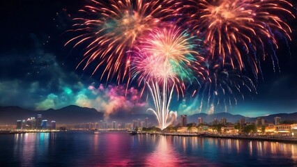 Fototapeta premium Vibrant fireworks burst against a soft bokeh background, creating an abstract, festive scene perfect for New Year's celebrations.