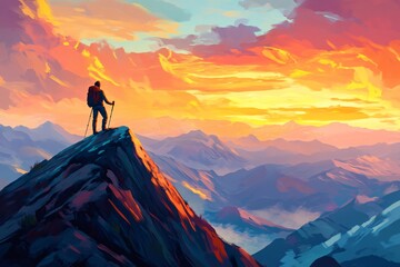Fototapeta premium Hiker Standing on Mountain Peak at Sunrise