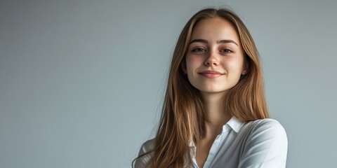 Fototapeta premium Confident Young Woman Smiling in a Casual White Shirt Against a Neutral Background