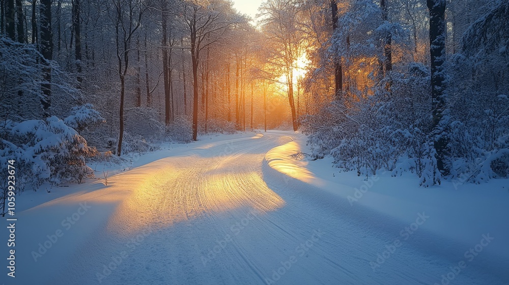 Poster a peaceful forest pathway covered in snow glows with warm golden light as the sun sets behind the tr
