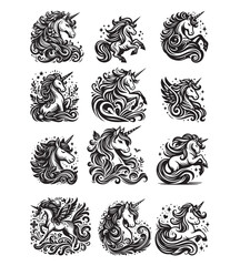 Unicorn silhouette vector illustrations