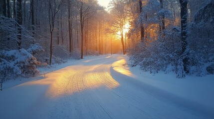 A peaceful forest pathway covered in snow glows with warm golden light as the sun sets behind the trees, creating a tranquil winter atmosphere.