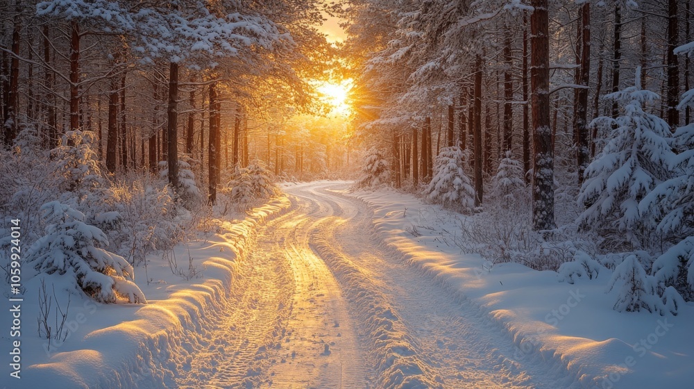 Poster a winding path through a snow-covered forest is bathed in the warm glow of a winter sunset, surround