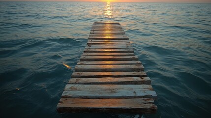 Fototapeta premium A wooden pier extends out into the ocean at sunrise, with the sun reflecting off the water.