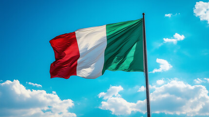 青空にはためくイタリア国旗を下から見上げるアングルでリアルに描いたAI生成画像