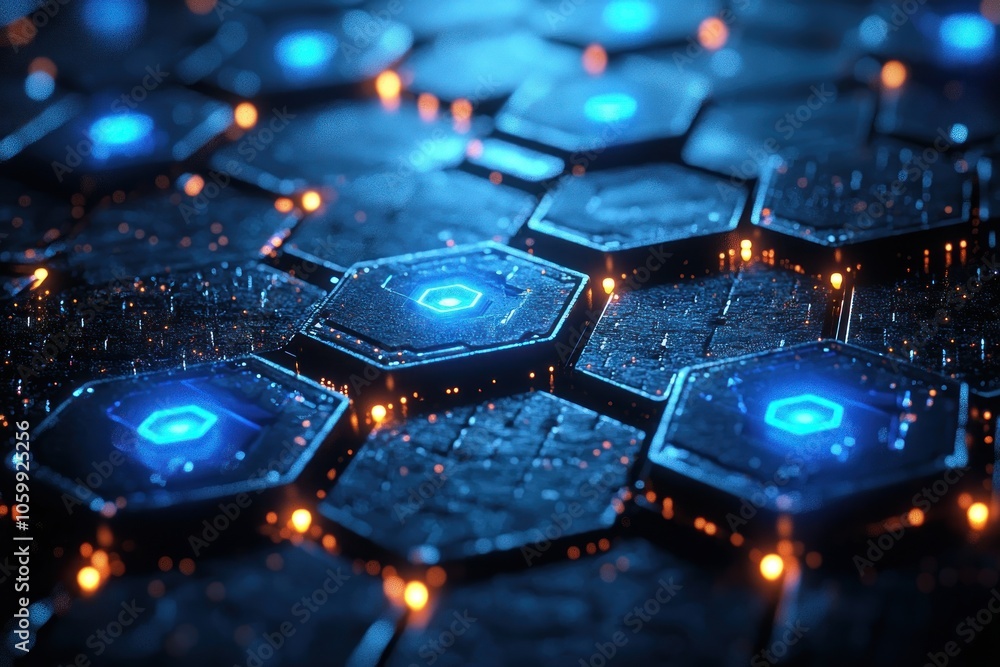 Poster Abstract Hexagonal Pattern with Blue Glowing Lights