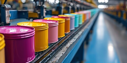 Closeup of Colorant Cans on a Conveyor Belt in a Printing Factory