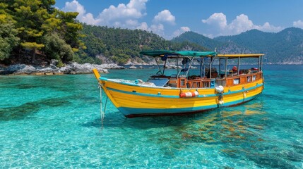 A yellow and blue boat floats in crystal clear turquoise water, surrounded by lush green forested hills.