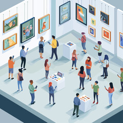 Isometric Art Gallery Visitors Exhibition Modern Artistic Venue