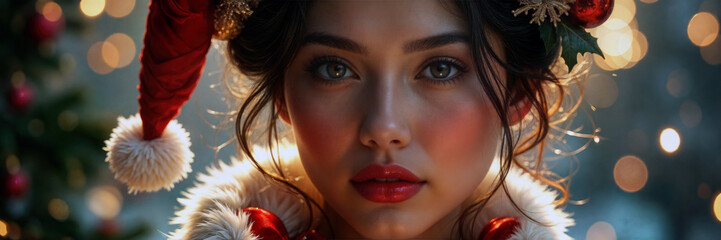 Holiday Magic: Woman with Christmas Lights and Glamorous Style