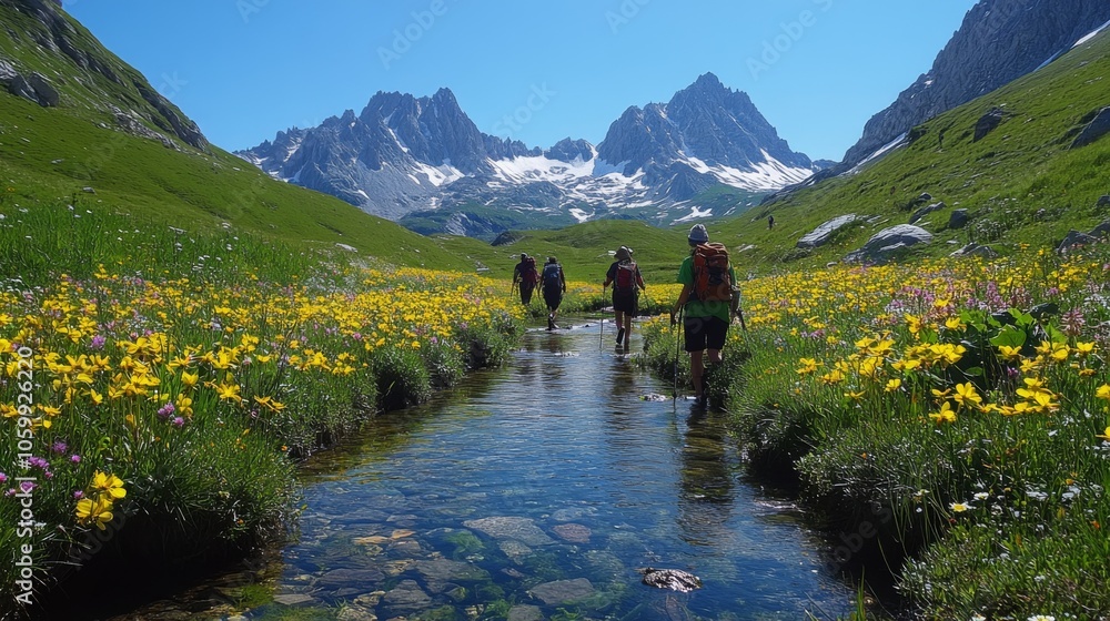 Poster a group of hikers walks along a crystal-clear stream in a lush valley filled with colorful wildflowe