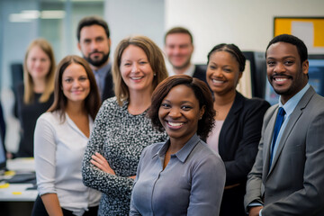 Fototapeta premium Happy multiracial business team smiling together in modern office