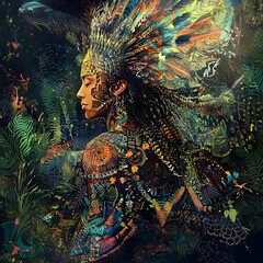 Fototapeta premium Visionary Depiction of Shaman Communing with Ancestral Spirits in Vibrant Jungle Realm