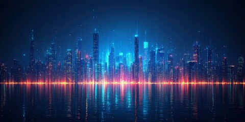 Fototapeta premium A Futuristic Cityscape with Glowing Towers Reflected in Water
