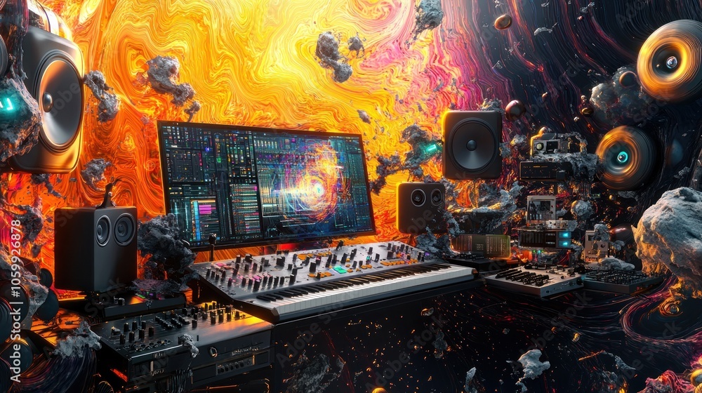 Poster a computer, keyboard, and speakers in a futuristic, abstract setting with swirling colors and floati