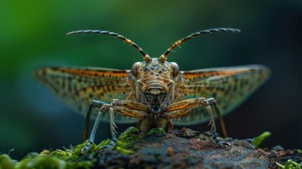 A close-up photo of a green and brown stag beetle perched on a mossy tree stump with its mandibles o