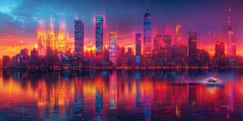 Fototapeta premium Futuristic cityscape with neon lights reflected in a body of water at sunset