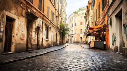 Fototapeta premium Abstract Impressionist Illustration of a Narrow Roman Alley After Rain, Showcasing a Bright and Clear Sky. The Cobblestone Path, Cleaned by Rainwater, Reflects the Sunlight Breaking Through the Cloud