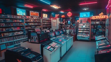 Retro 1990s Video Rental Store with Vintage Movie Media Neon Decor and Futuristic Touchscreen Kiosks