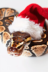 Obraz premium A charming striped royal python snake adorably dressed in a festive santa claus hat, set against a clean white background. Perfect for holiday-themed projects or snake enthusiasts.