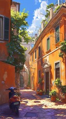Obraz premium Abstract Impressionist Illustration of a Narrow Roman Alley After Rain, Showcasing a Bright and Clear Sky. The Cobblestone Path, Cleaned by Rainwater, Reflects the Sunlight Breaking Through the Cloud