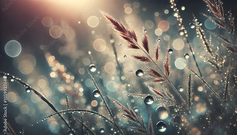 Aufkleber A close-up of dew-covered grass glimmers in sunlight, creating a magical atmosphere filled with soft bokeh and dreamy colors.