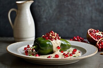 chiles en nogada, poblano peppers covered in creamy walnut sauce and sprinkled with pomegranate seed