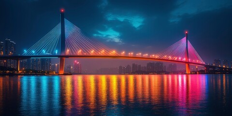 Obraz premium Illuminated Cable-Stayed Bridge Over a City at Night
