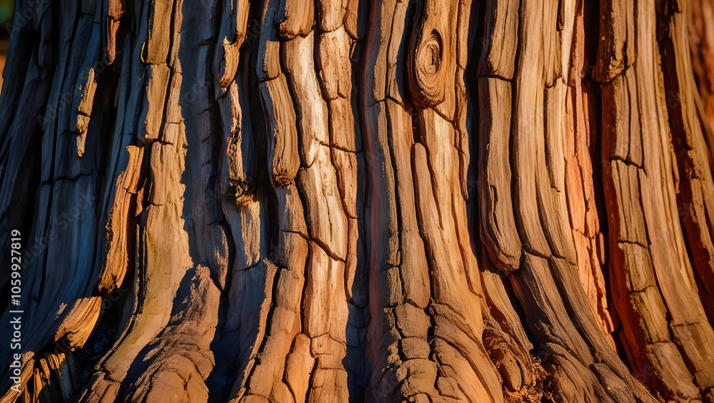 Poster Close-up of a tree trunk showcasing its textured bark, with natural patterns and warm lighting highlighting the intricate details.