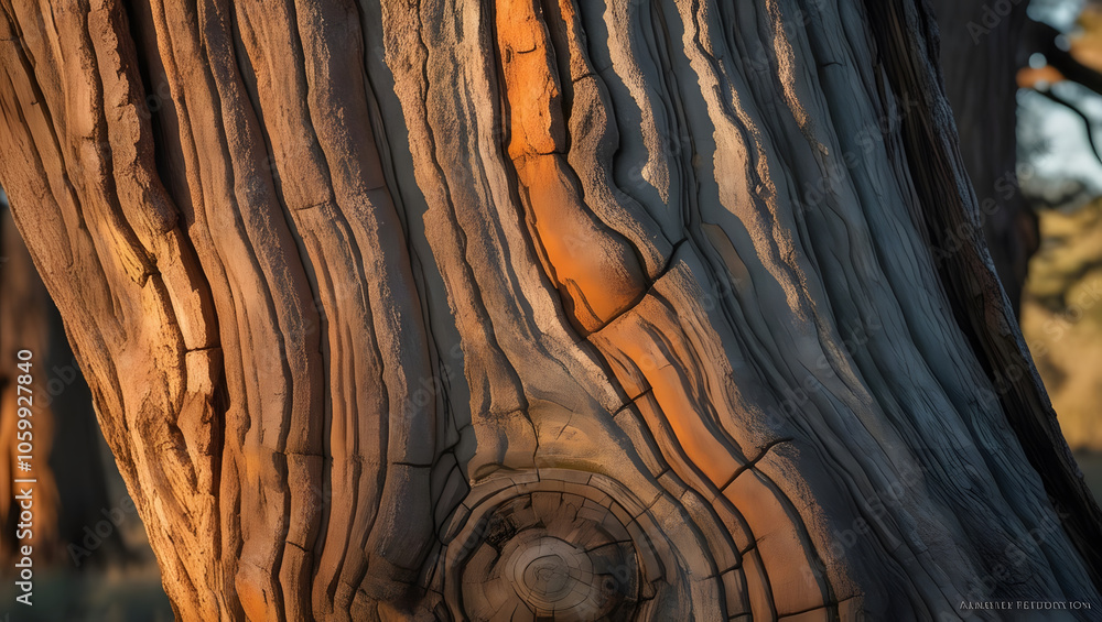 Aufkleber A close-up view of textured tree bark showcasing intricate lines and warm colors illuminated by soft light.