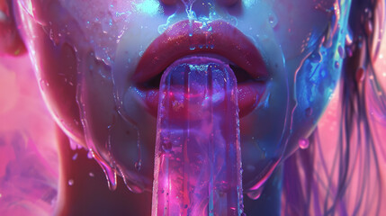 Vibrant Neon Close-Up of Lips with Popsicle and Melting Effect