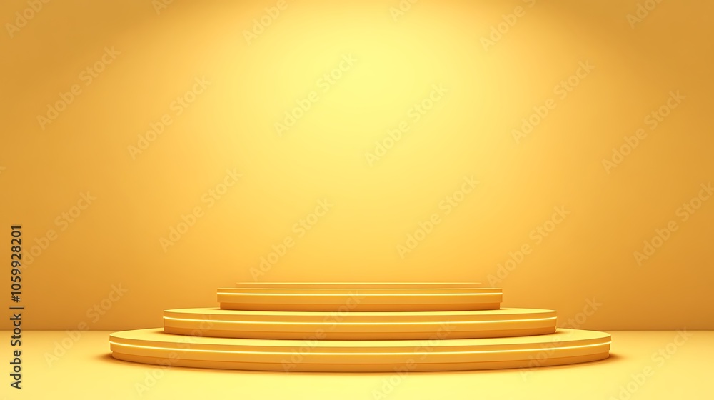Poster a minimalist yellow podium setup with three circular steps against a plain backdrop.