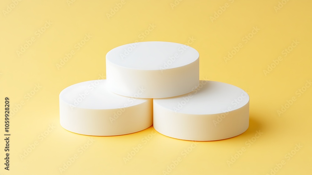 Poster three white circular objects stacked on a yellow background.