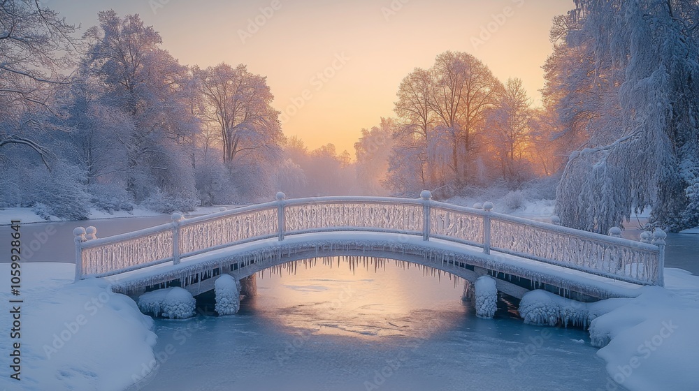 Poster a delicate white bridge arches over a frozen river, encased in snow, while the surrounding trees gli