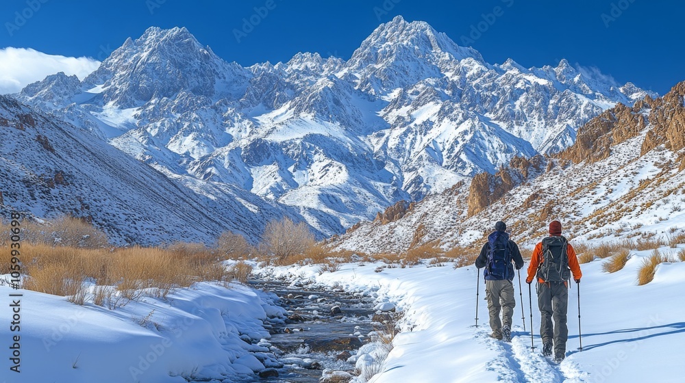 Poster two hikers navigate a snowy trail beside a flowing stream, surrounded by towering snow-capped mounta