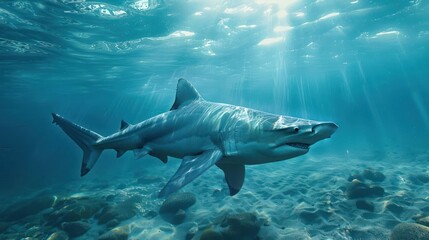 Fototapeta premium Underwater view of two sharks swimming together in the ocean.