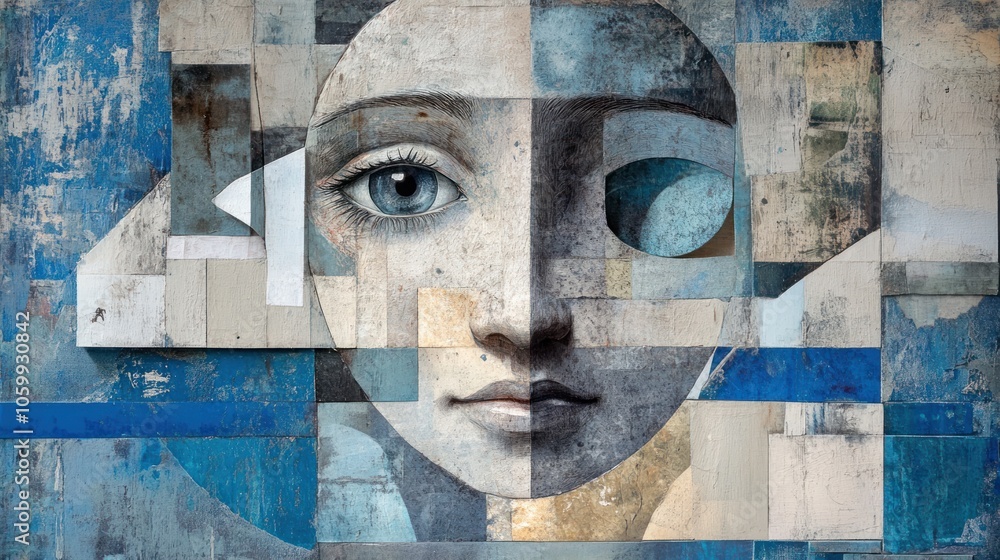 Poster a fragmented portrait of a face, blending colors and textures for artistic expression.
