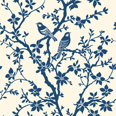 SEAMLESS PATTERN Chinoiserie bird floral design navy blue white red pink beige,traditional botanical Asian wallpaper elegant vintage wall art interior decor timeless nature,print,muted,soft,home,tree