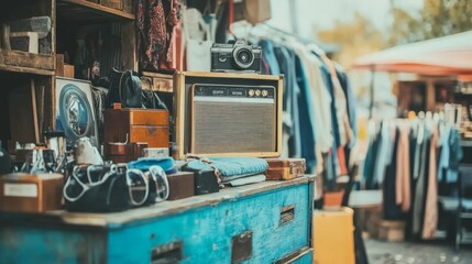 Vintage Thrift Shop Window Display with Unique Items