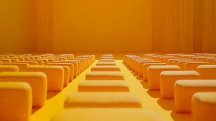 Fototapeta premium A vibrant, minimalist space with yellow seating arranged in rows for gatherings or events.