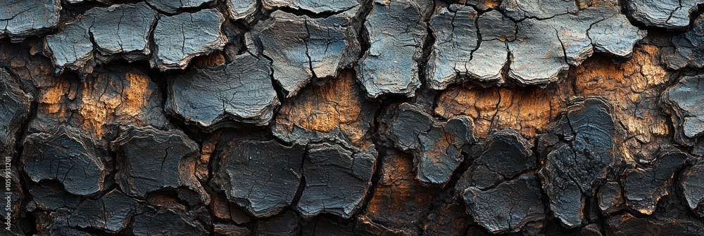 Poster close-up of rough, textured, dark bark with visible cracks and layers