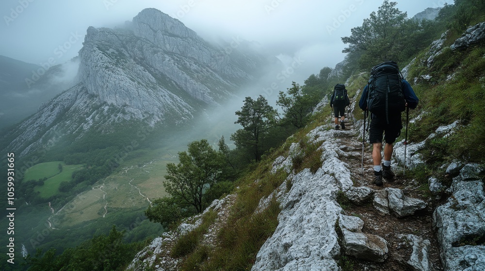 Poster a group of hikers makes their way up a rocky trail in foggy mountain conditions. the stunning landsc