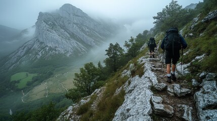 Fototapeta premium A group of hikers makes their way up a rocky trail in foggy mountain conditions. The stunning landscape features towering peaks and thick vegetation, creating a peaceful yet adventurous atmosphere.