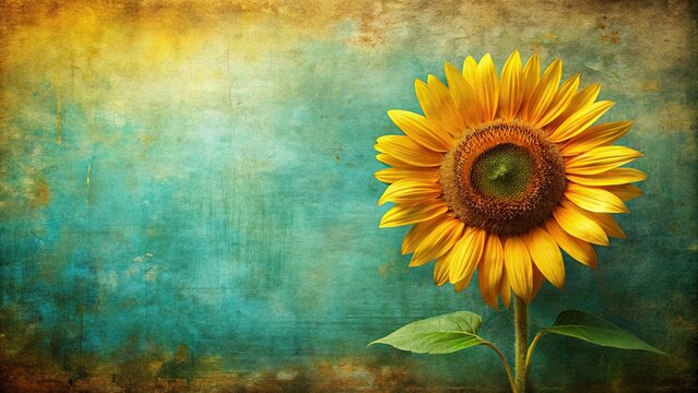 A whimsical sunflower design in a distressed or vintage style on a bold, contrasting background with added texture and imperfections, abstract patterns, bold colors