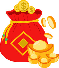 Bag Full Of Gold Coins And Chinese Gold Ingot