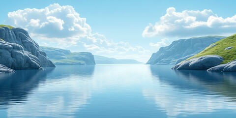 Obraz premium Serene Stillness: A Mountain Lake Surrounded by Green Hills and Clouds