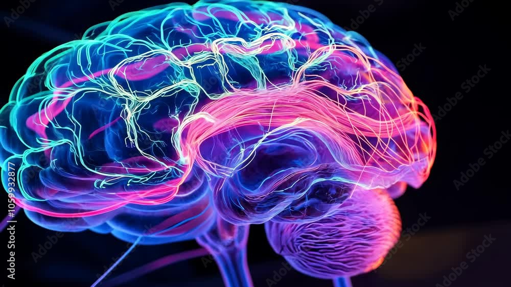 Poster a 3d rendering of a human brain, with its intricate network of neural pathways highlighted in vibran