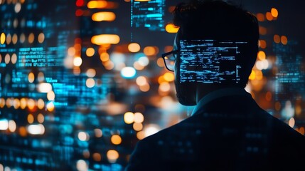 Businessman observing digital data in a futuristic urban environment.