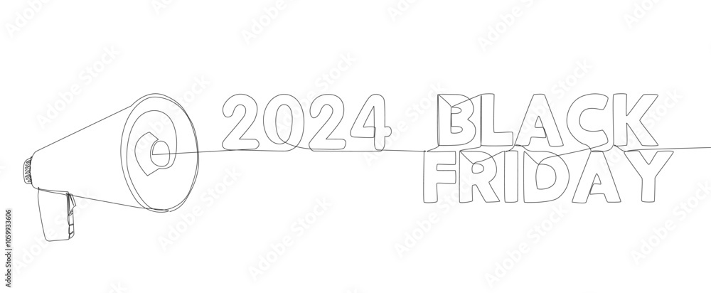 Poster one continuous line of megaphone with black friday 2024 text. thin line illustration vector concept.