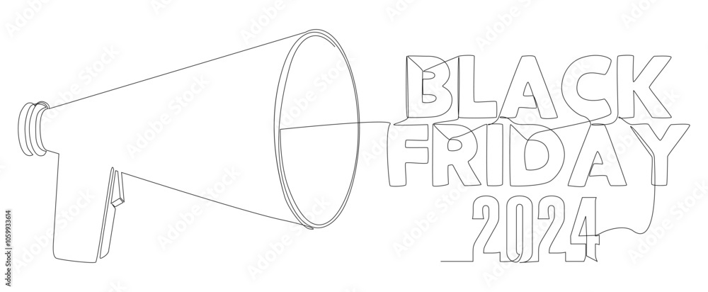 Poster one continuous line of megaphone with black friday 2024 text. thin line illustration vector concept.